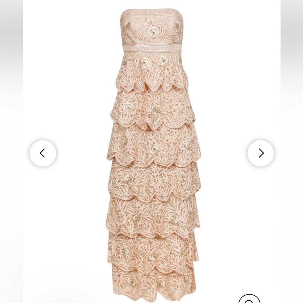 Sue Wong Nude Embellished Lace Layer Strapless Gown Sz 6